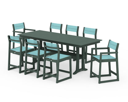 POLYWOOD® EDGE Sling 9-Piece Farmhouse Counter Set with Trestle Legs in Green / Dupioni Aquamarine Sling