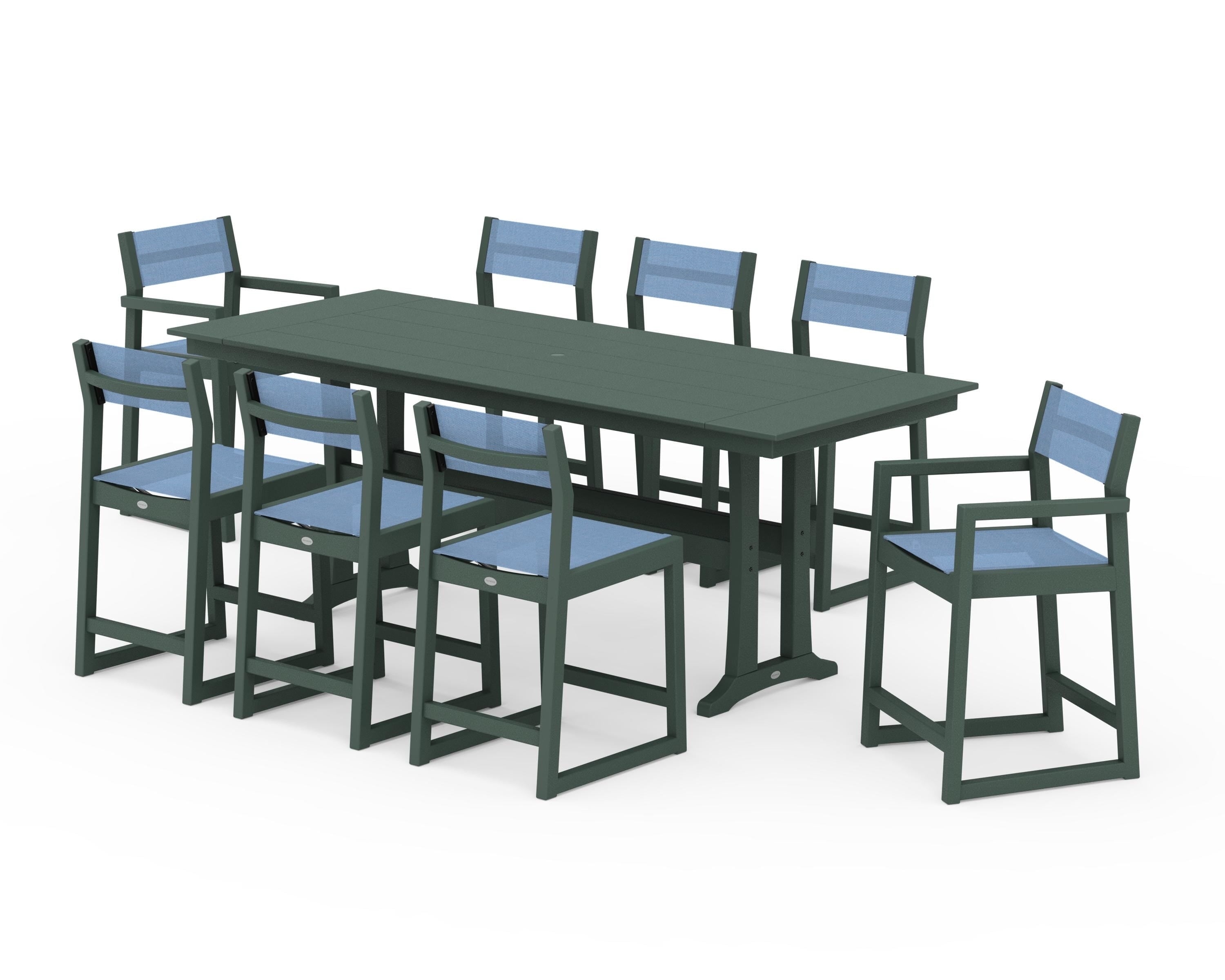POLYWOOD® EDGE Sling 9-Piece Farmhouse Counter Set with Trestle Legs in Green / Poolside Sling
