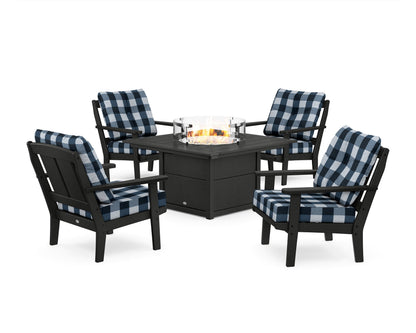 POLYWOOD® Mission 5-Piece Deep Seating Set with Fire Pit Table in Black / Buffalo Plaid Marine Indigo