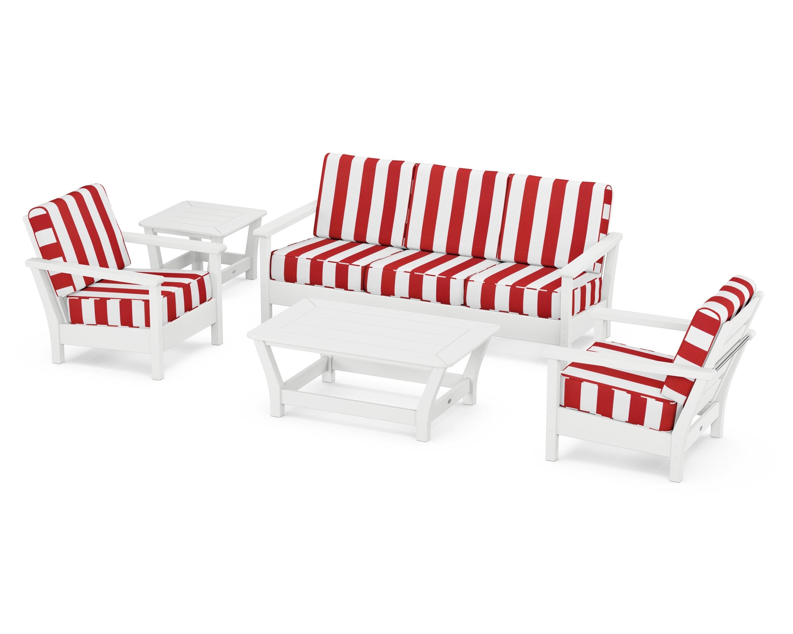 POLYWOOD® Harbour 5-Piece Deep Seating Set in White / Cabana Stripe Crimson