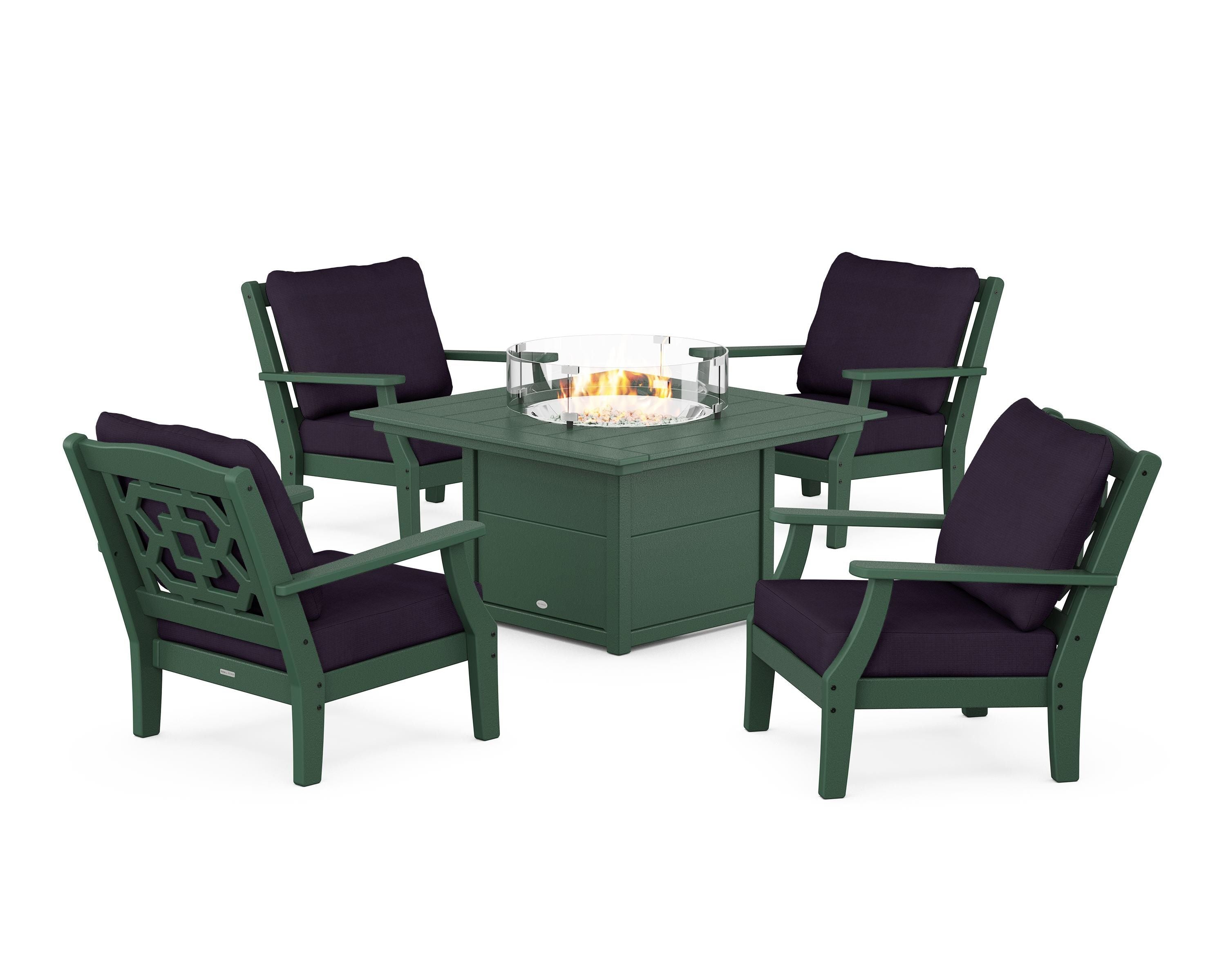 Martha Stewart by POLYWOOD® Chinoiserie 5-Piece Deep Seating Set with Fire Pit Table in Green / Navy Linen