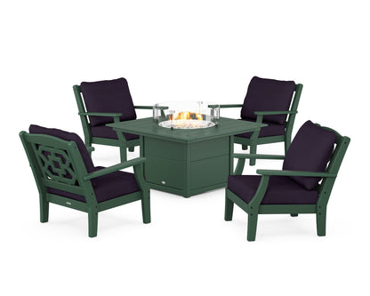Martha Stewart by POLYWOOD® Chinoiserie 5-Piece Deep Seating Set with Fire Pit Table in Green / Navy Linen