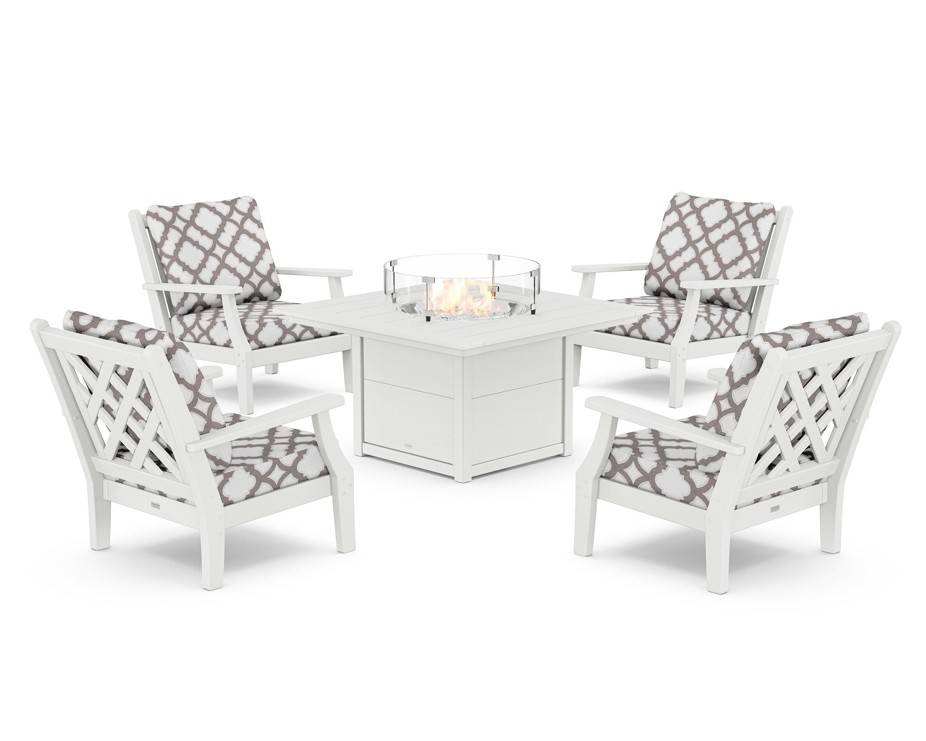 Country Living Wovendale 5-Piece Deep Seating Set with Fire Pit Table in White / Trellis Grey Mist