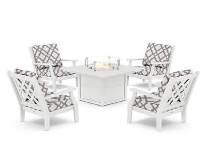 Country Living Wovendale 5-Piece Deep Seating Set with Fire Pit Table in White / Trellis Grey Mist