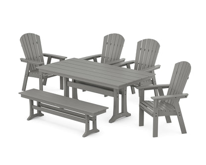 POLYWOOD® Nautical Curveback Adirondack 6-Piece Farmhouse Dining Set with Trestle Legs and Bench in Slate Grey