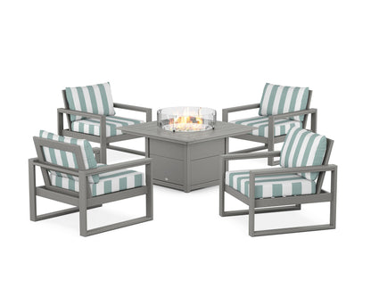POLYWOOD® EDGE Sectional 5-Piece Deep Seating Set with Fire Pit Table in Slate Grey / Cabana Stripe Glacier Spa