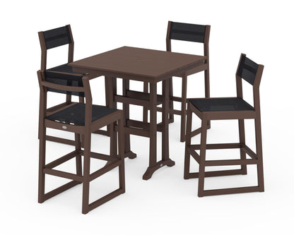 POLYWOOD® EDGE Sling Arm Chair 5-Piece Farmhouse Bar Set with Trestle Legs in Mahogany / Black Sling