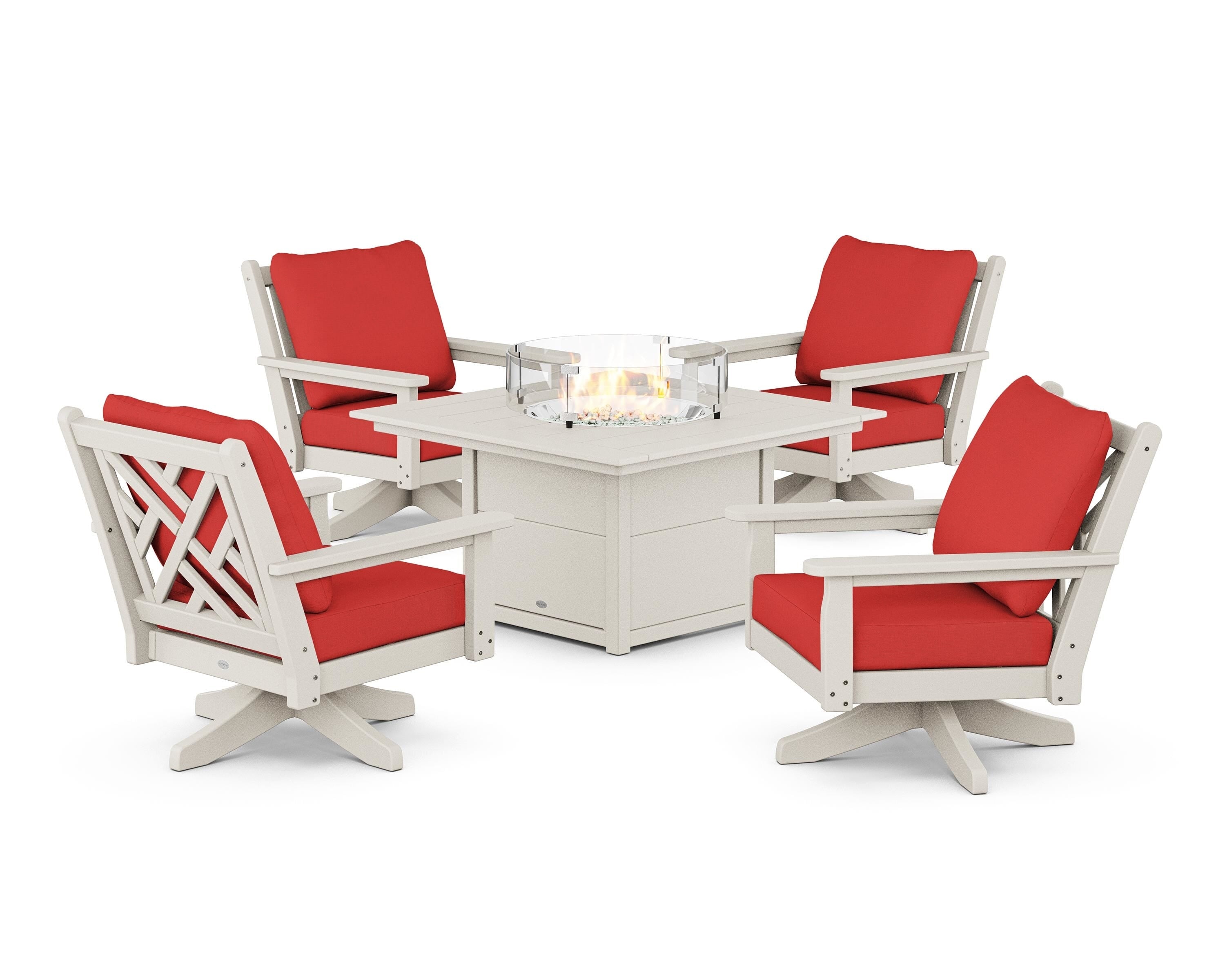 POLYWOOD® Chippendale 5-Piece Deep Seating Swivel Conversation Set with Fire Pit Table in Sand / Crimson Linen