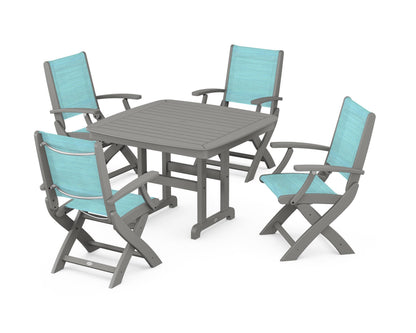 POLYWOOD® Coastal Folding Chair 5-Piece Dining Set in Slate Grey / Dupioni Aquamarine Sling