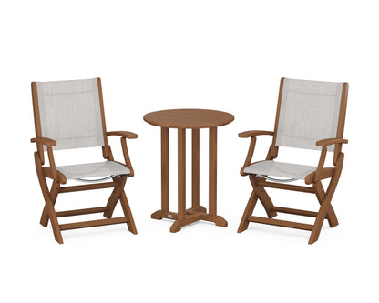 POLYWOOD® Coastal Folding 3-Piece Round Bistro Dining Set in Teak / Parchment Sling