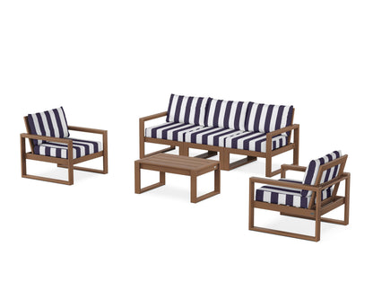 POLYWOOD® EDGE Sectional 4-Piece Deep Seating Set with Sofa in Teak / Cabana Stripe Navy