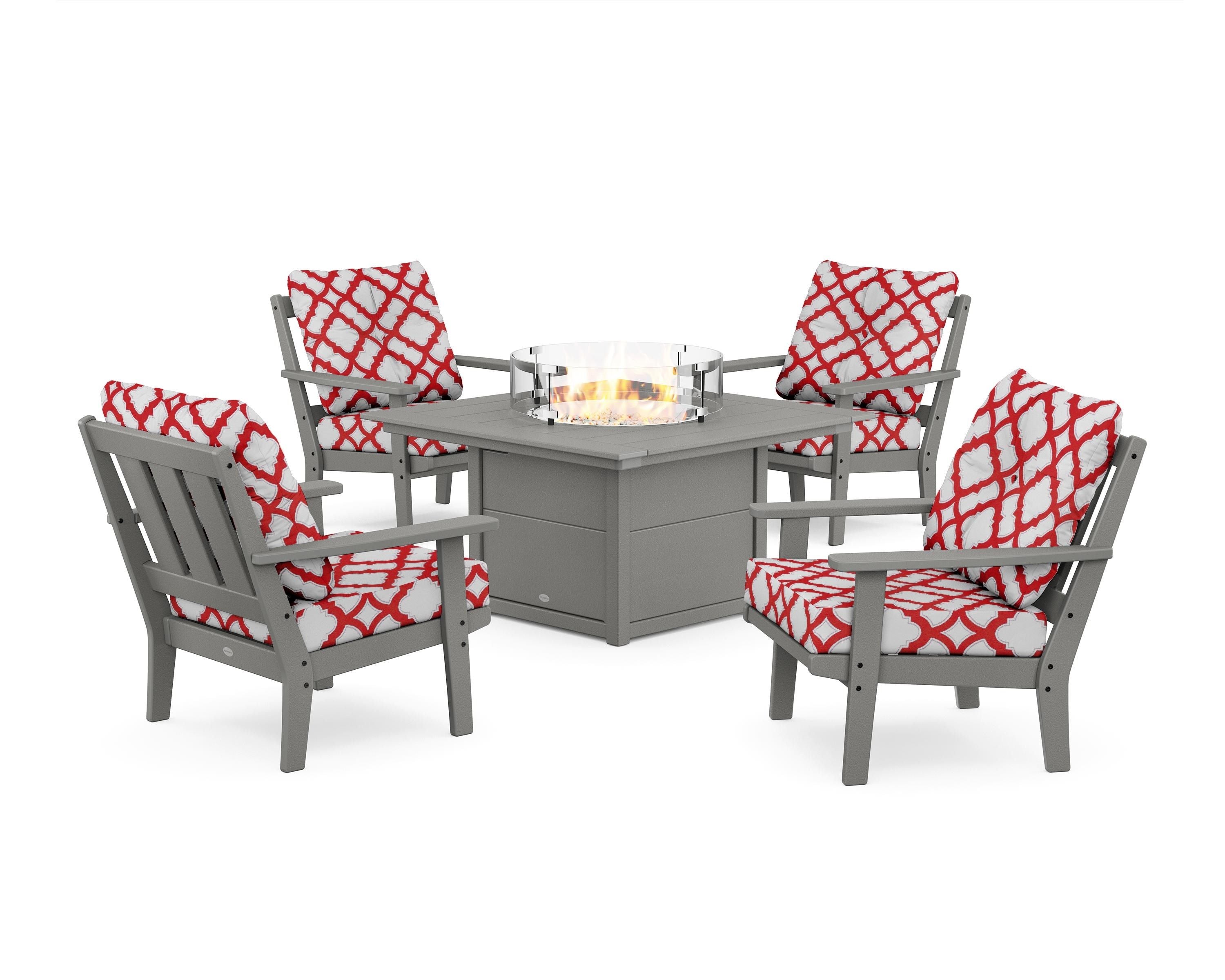 POLYWOOD® Oxford 5-Piece Deep Seating Set with Fire Pit Table in Slate Grey / Trellis Crimson