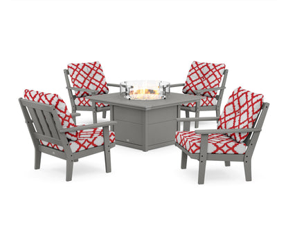 POLYWOOD® Oxford 5-Piece Deep Seating Set with Fire Pit Table in Slate Grey / Trellis Crimson