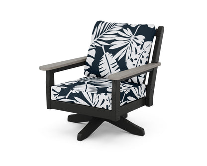 POLYWOOD® Chippendale Deep Seating Swivel Chair in Black / Driftwood / Leaf Marine Indigo