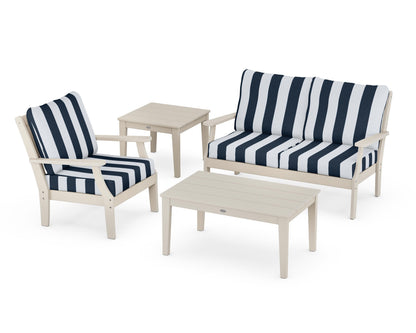 POLYWOOD® Braxton 4-Piece Deep Seating Set in Sand / Cabana Stripe Marine Indigo