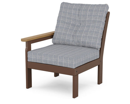 POLYWOOD® Vineyard Modular Left Arm Chair in Mahogany / Natural / Houndstooth Sky Blue
