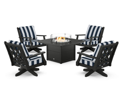 Country Living Wovendale 5-Piece Deep Seating Swivel Conversation Set with Fire Pit Table in Black / Cabana Stripe Marine Indigo