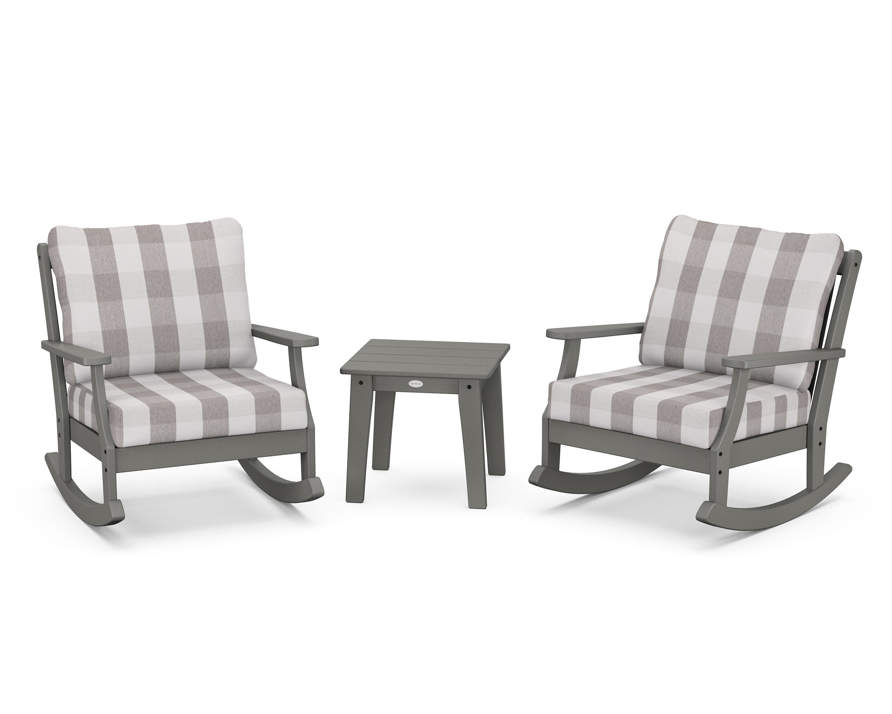POLYWOOD® Braxton 3-Piece Deep Seating Rocker Set in Slate Grey / Buffalo Plaid Grey Mist