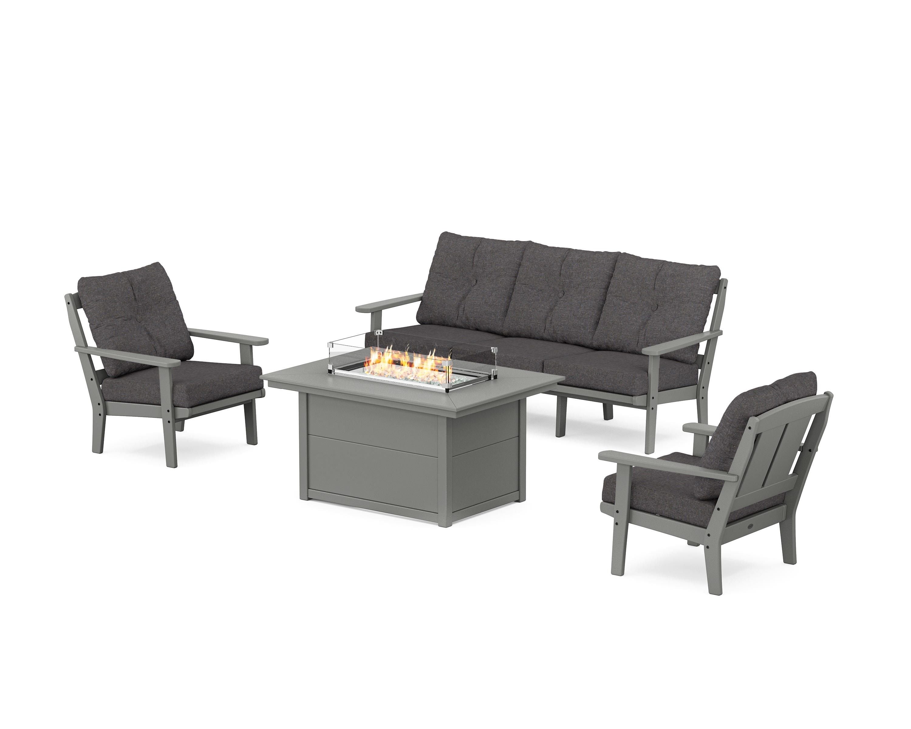 POLYWOOD® Mission Deep Seating Fire Pit Table Set in Slate Grey / Ash Charcoal