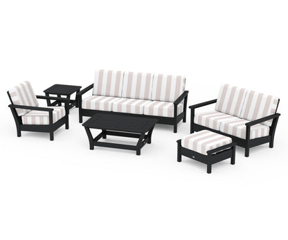 POLYWOOD® Harbour 6-Piece Outdoor Living Set in Black / Cabana Stripe Dune Burlap