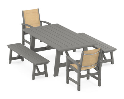 POLYWOOD® Coastal 5-Piece Rustic Farmhouse Dining Set With Benches in Slate Grey / Dupioni Apricot Sling