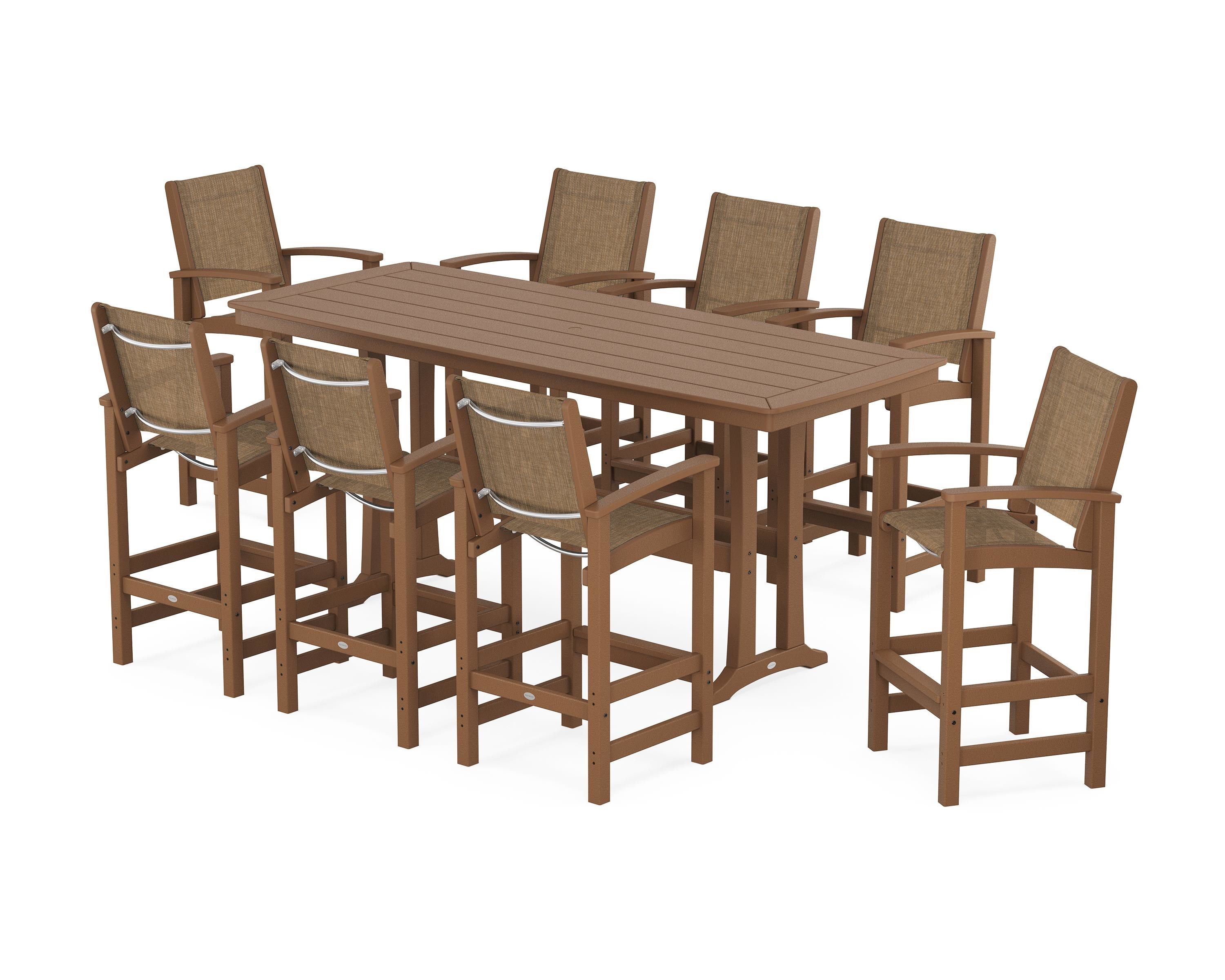 POLYWOOD® Coastal 9-Piece Bar Set with Trestle Legs in Teak / Burlap Sling