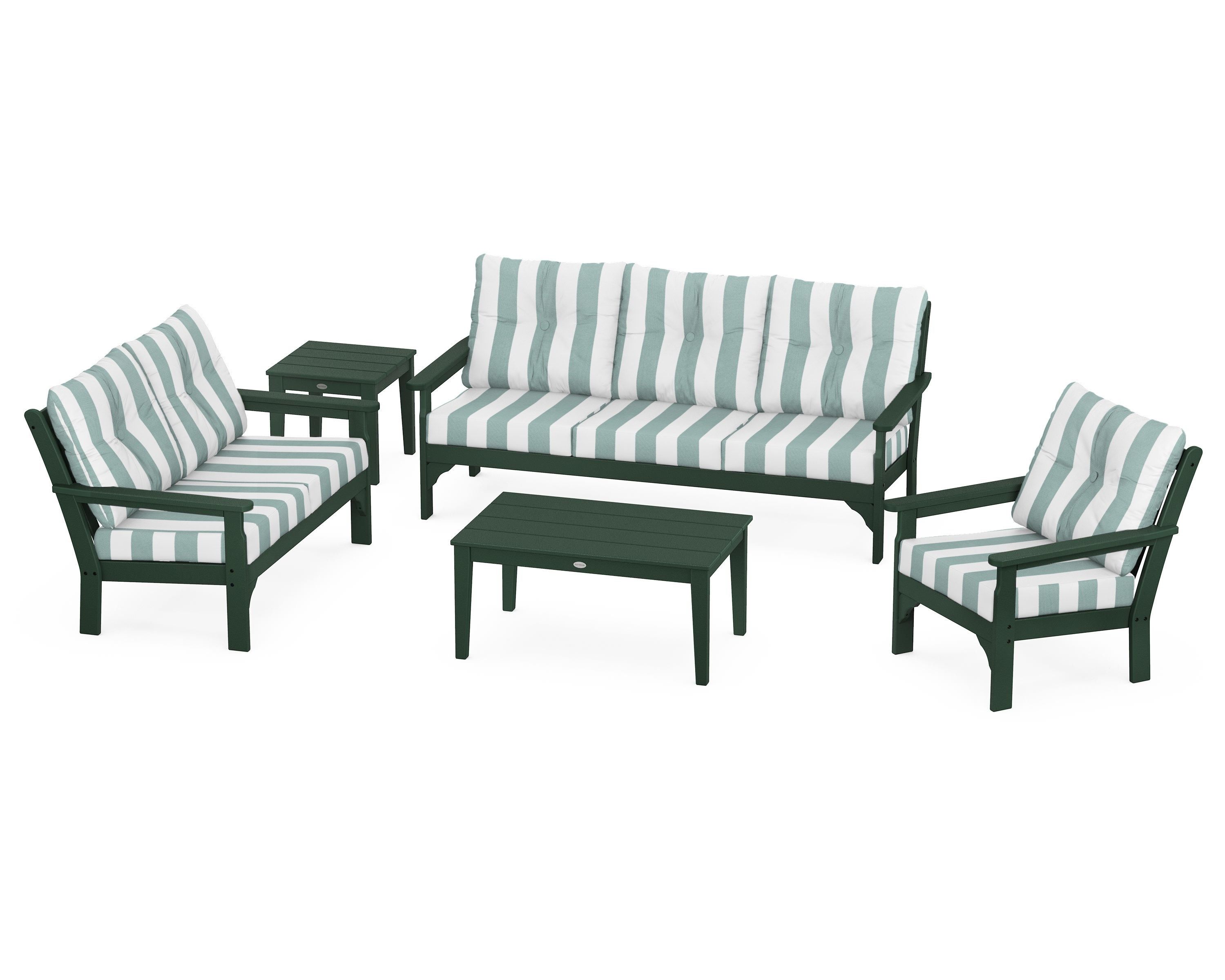 POLYWOOD® Vineyard 5 Piece Deep Seating Set in Green / Cabana Stripe Glacier Spa