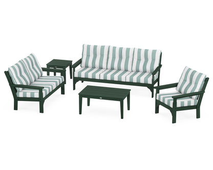 POLYWOOD® Vineyard 5 Piece Deep Seating Set in Green / Cabana Stripe Glacier Spa