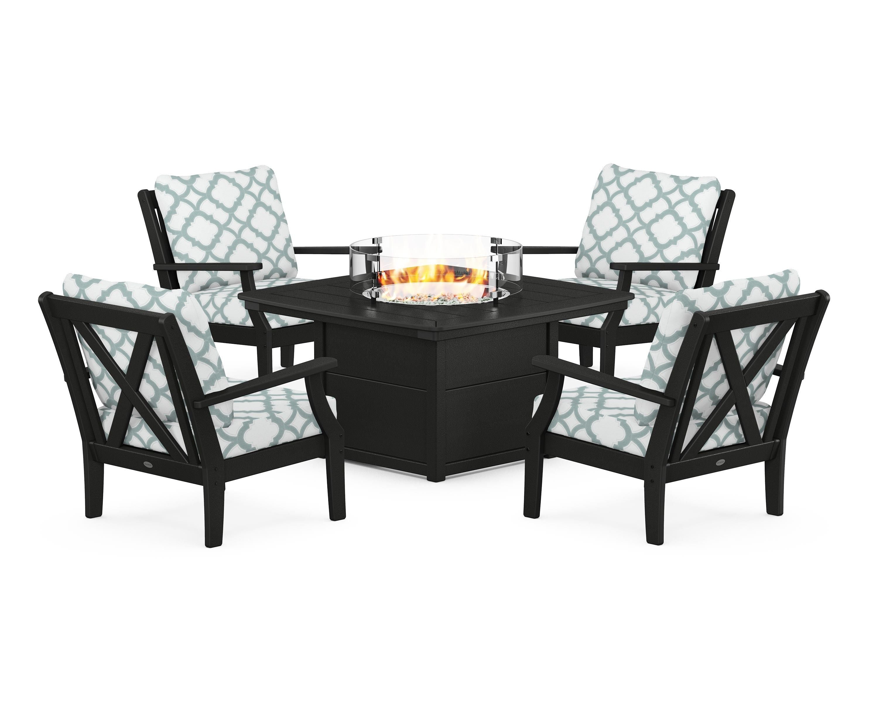 POLYWOOD® Braxton 5-Piece Deep Seating Conversation Set with Fire Pit Table in Black / Trellis Glacier Spa