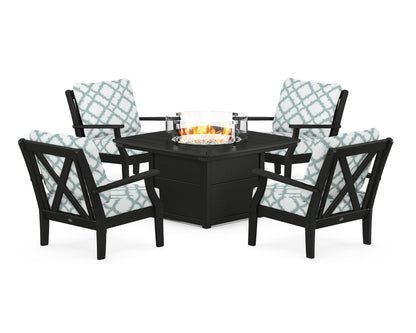POLYWOOD® Braxton 5-Piece Deep Seating Conversation Set with Fire Pit Table in Black / Trellis Glacier Spa
