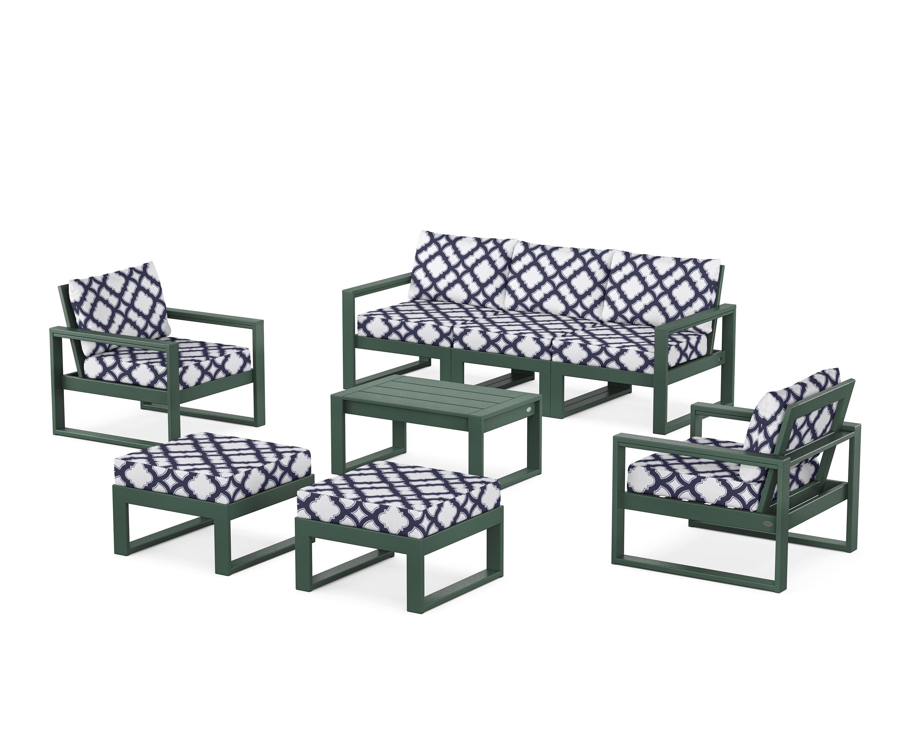 POLYWOOD® EDGE Sectional 8-Piece Lounge Sofa Set in Green / Trellis Navy