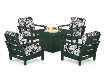 POLYWOOD® Harbour 5-Piece Conversation Set with Fire Pit Table in Green / Leaf Navy