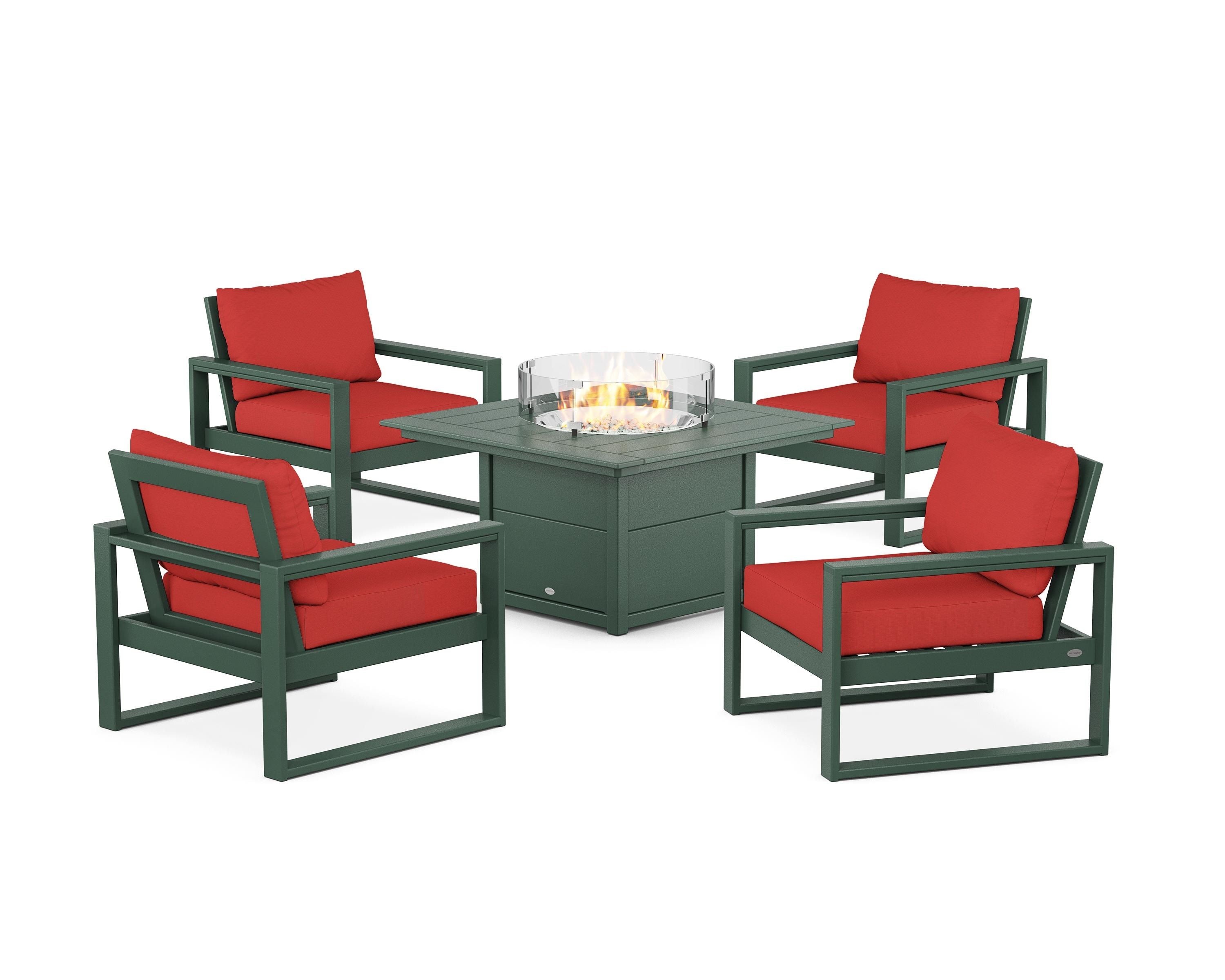 POLYWOOD® EDGE Sectional 5-Piece Deep Seating Set with Fire Pit Table in Green / Crimson Linen
