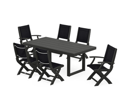 POLYWOOD® Coastal Folding Chair 7-Piece Dining Set with Trestle Legs in Black / Black Sling
