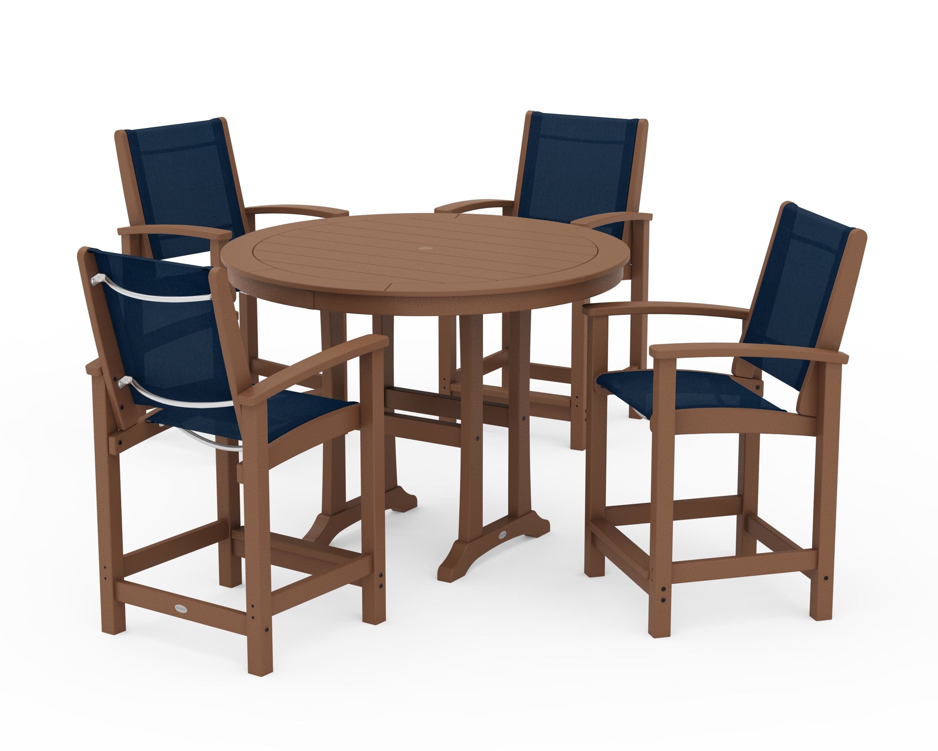 POLYWOOD® Coastal 5-Piece Counter Set in Teak / Navy Blue Sling