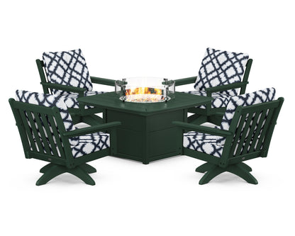 POLYWOOD® Vineyard 5-Piece Deep Seating Swivel Conversation Set with Fire Pit Table in Green / Trellis Marine Indigo
