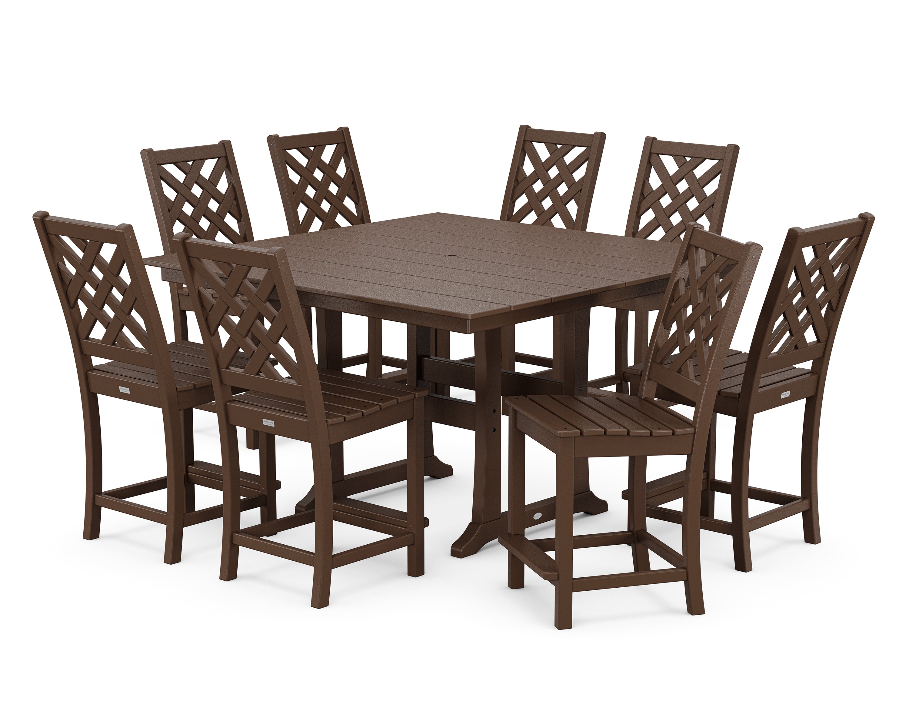 Country Living Wovendale Side Chair 9-Piece Square Farmhouse Counter Set with Trestle Legs in Mahogany