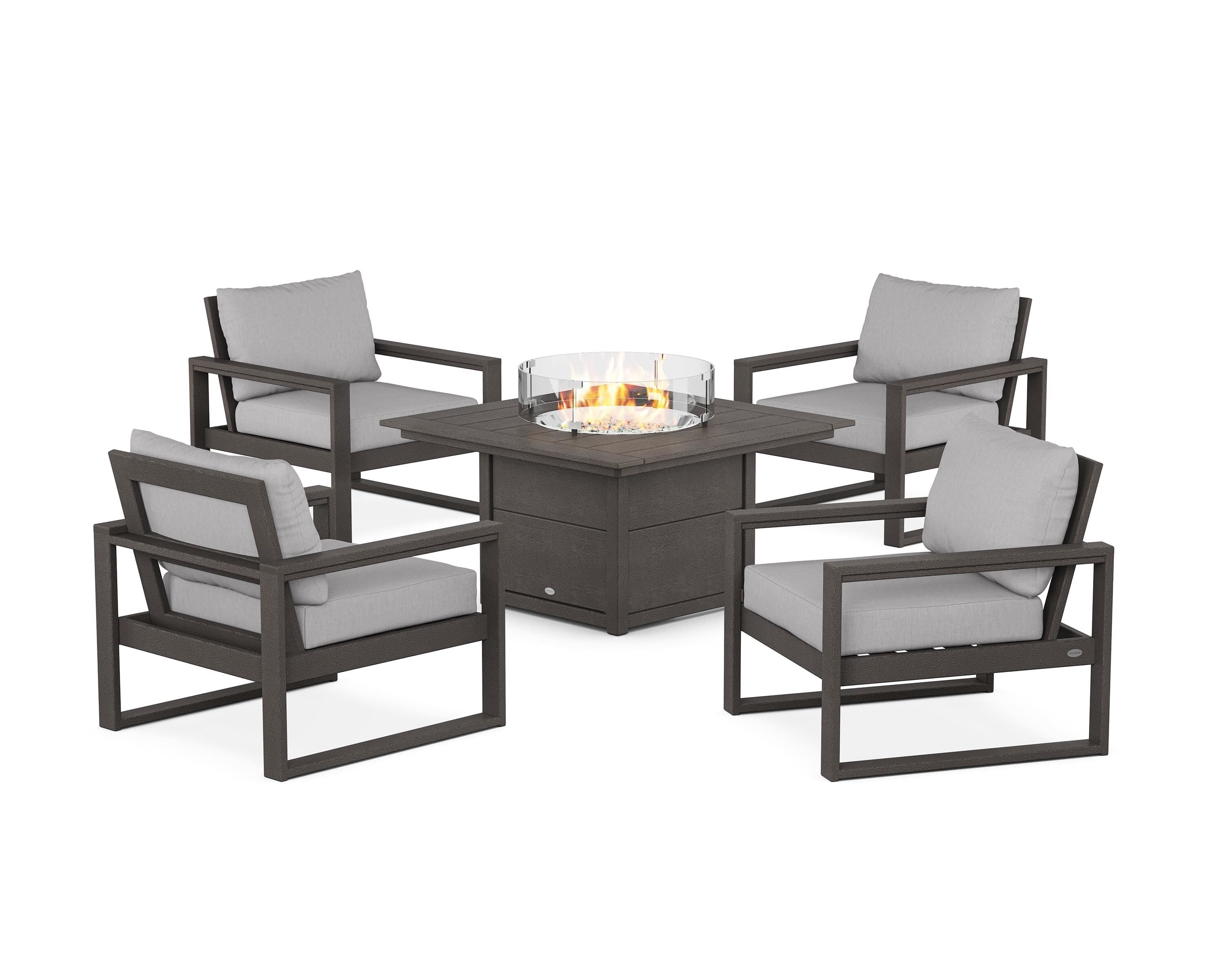POLYWOOD® EDGE Sectional 5-Piece Deep Seating Set with Fire Pit Table in Vintage Coffee / Granite