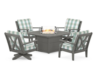 POLYWOOD® Braxton 5-Piece Deep Seating Set with Fire Table in Slate Grey / Buffalo Plaid Glacier Spa