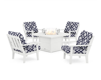 POLYWOOD® Oxford 5-Piece Deep Seating Set with Fire Pit Table in White / Trellis Navy