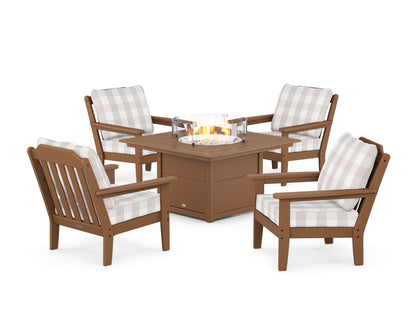 Country Living Cottage 5-Piece Deep Seating Set with Fire Pit Table in Teak / Buffalo Plaid Dune Burlap
