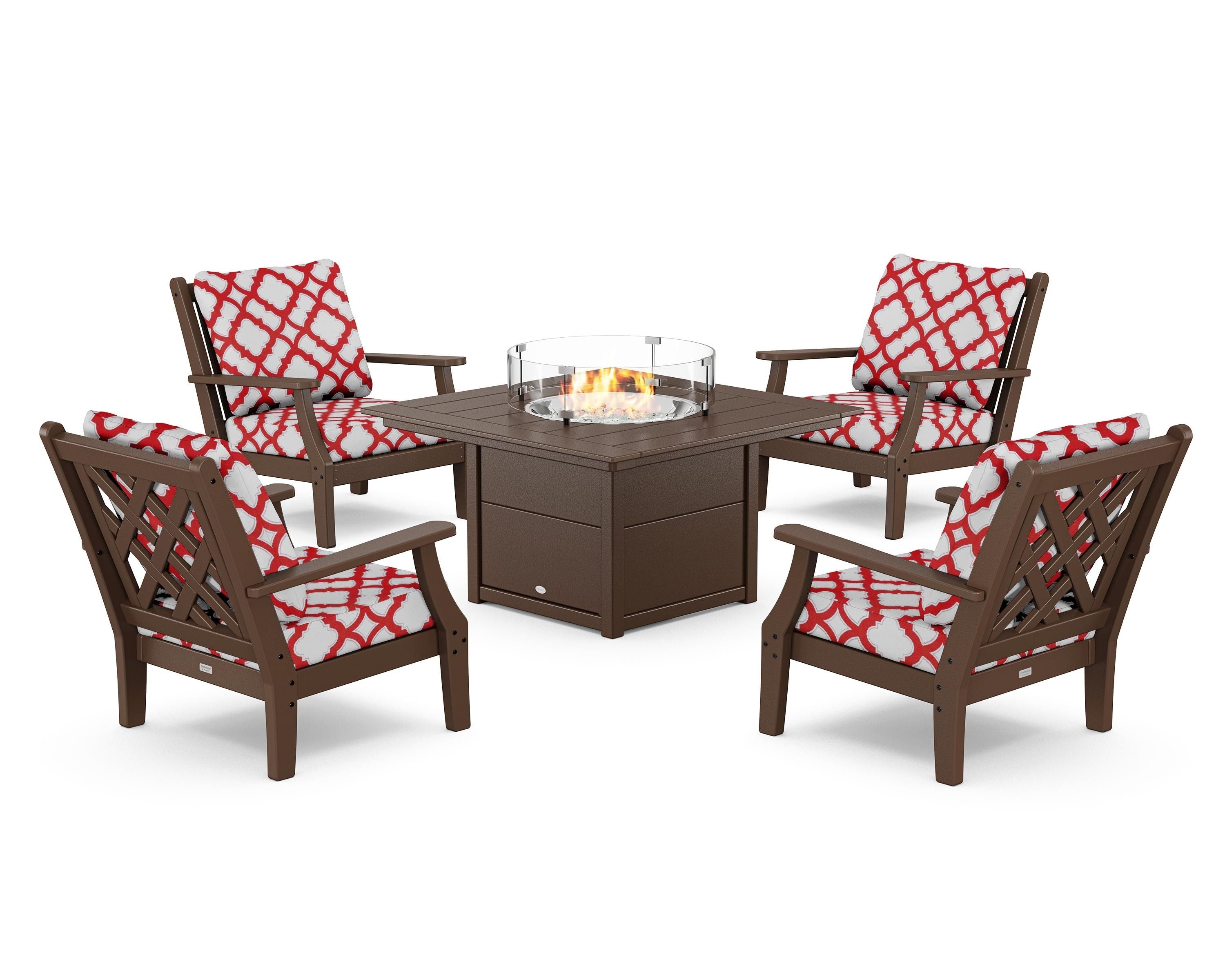 Country Living Wovendale 5-Piece Deep Seating Set with Fire Pit Table in Mahogany / Trellis Crimson
