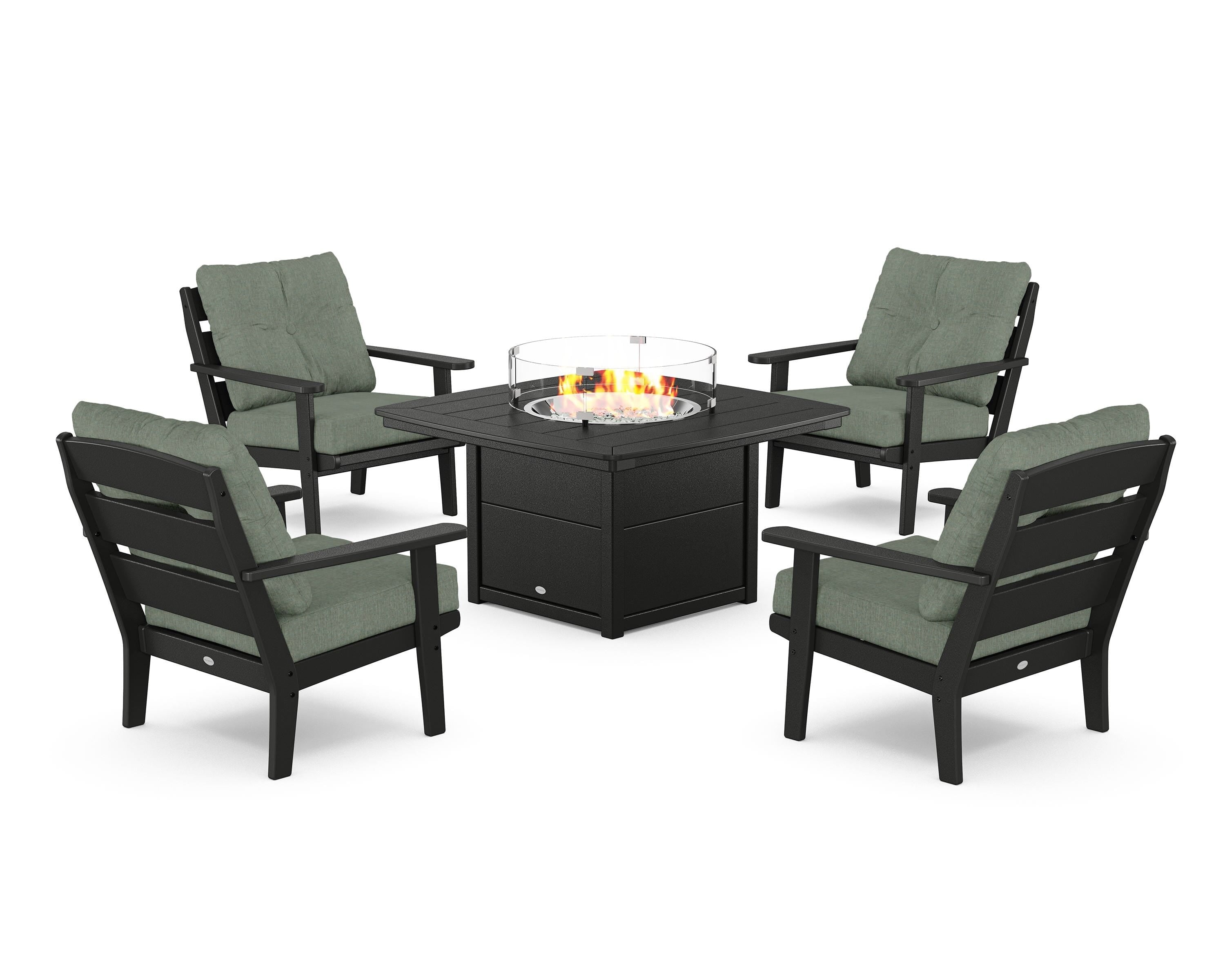 POLYWOOD® Lakeside 5-Piece Deep Seating Set with Nautical Fire Pit Table in Black / Cast Sage