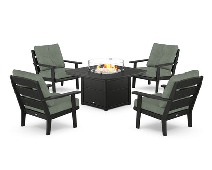 POLYWOOD® Lakeside 5-Piece Deep Seating Set with Nautical Fire Pit Table in Black / Cast Sage