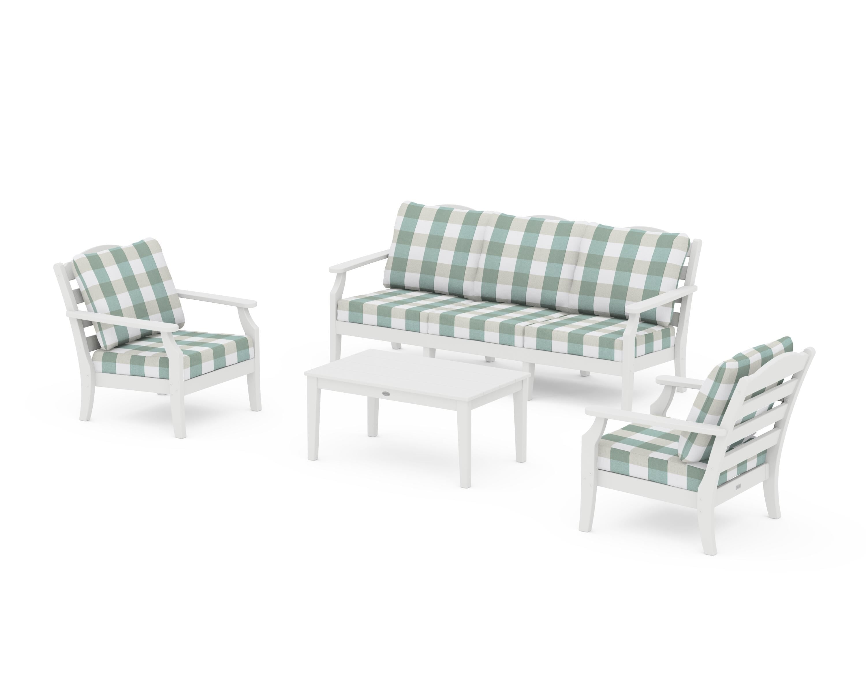 Draper James™ by  POLYWOOD® Savannah 4-Piece Deep Seating Set with Sofa in White / Buffalo Plaid Glacier Spa