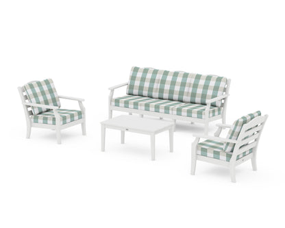 Draper James™ by  POLYWOOD® Savannah 4-Piece Deep Seating Set with Sofa in White / Buffalo Plaid Glacier Spa