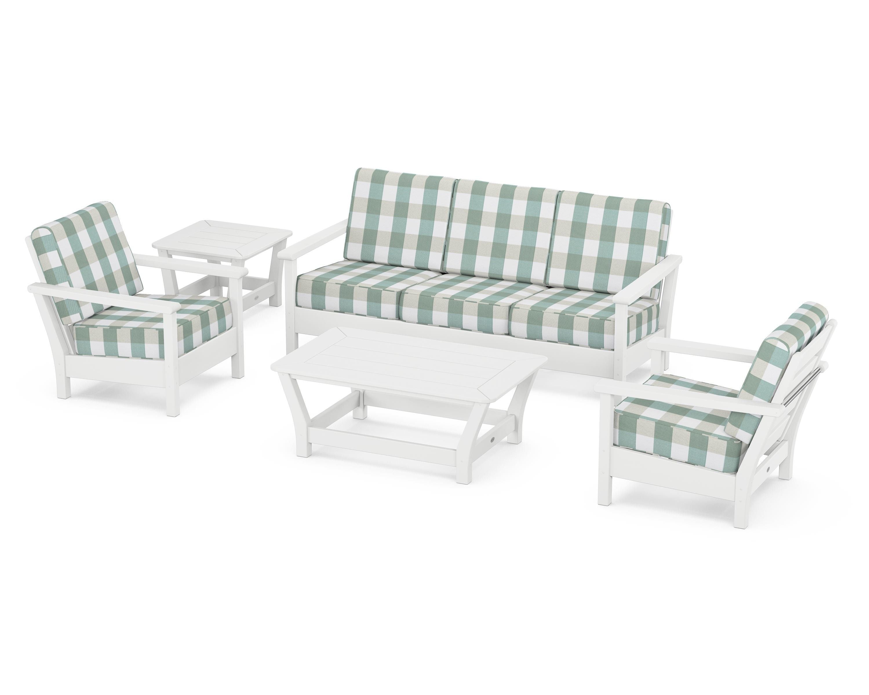 POLYWOOD® Harbour 5-Piece Deep Seating Set in White / Buffalo Plaid Glacier Spa