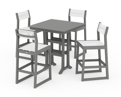 POLYWOOD® EDGE Sling Arm Chair 5-Piece Farmhouse Bar Set with Trestle Legs in Slate Grey / White Sling