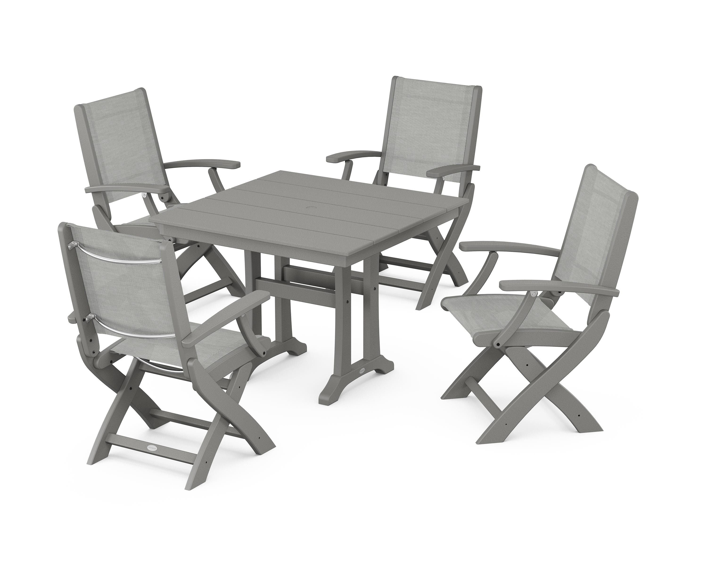 POLYWOOD® Coastal Folding Chair 5-Piece Farmhouse Dining Set With Trestle Legs in Slate Grey / Metallic Sling