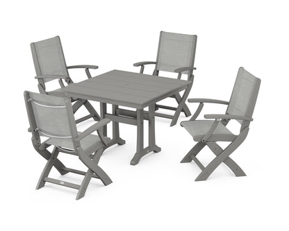 POLYWOOD® Coastal Folding Chair 5-Piece Farmhouse Dining Set With Trestle Legs in Slate Grey / Metallic Sling